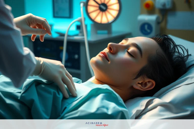 The image depicts a medical scene with an individual lying on a hospital bed. A healthcare professional is attentively examining the patient, who appears to be resting or in a state of discomfort.