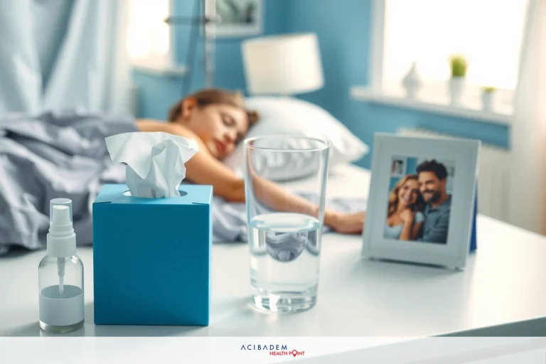 How to Prevent Sneezing After Rhinoplasty The image shows a young woman in her bed, with a blurred background suggesting a serene and cozy environment. On the table next to her is a box of tissues, a glass of water, and a small picture frame containing a photograph.