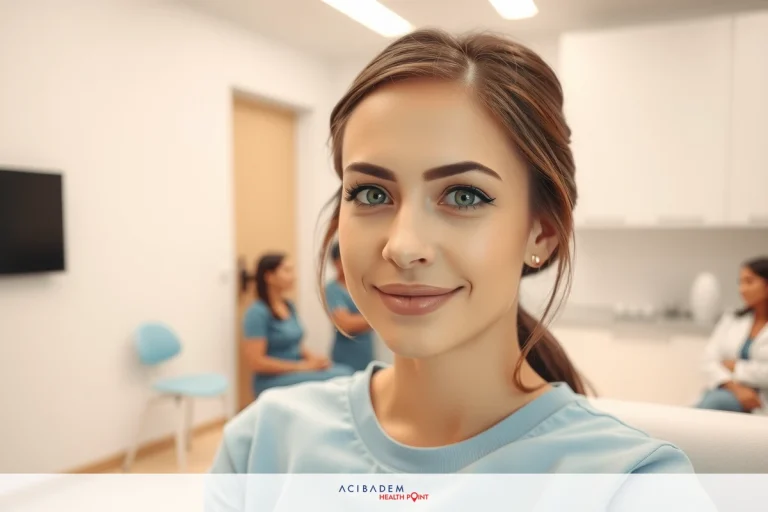 How to Lengthen Nose Rhinoplasty The image shows a young woman in a medical setting. She is wearing scrubs and smiling, sitting on a chair. The room has a modern design with light-colored walls and minimalistic decor.