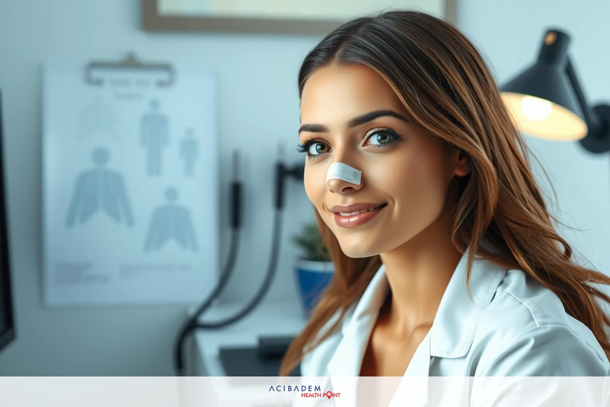 A young, smiling female medical professional in a white coat. She is in an office environment with healthcare-related posters and equipment.