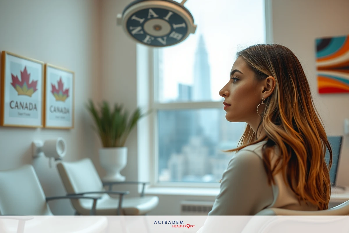 The image shows a modern office environment with a woman in the center. She is seated at a desk, looking to her right towards the camera with a focused expression.