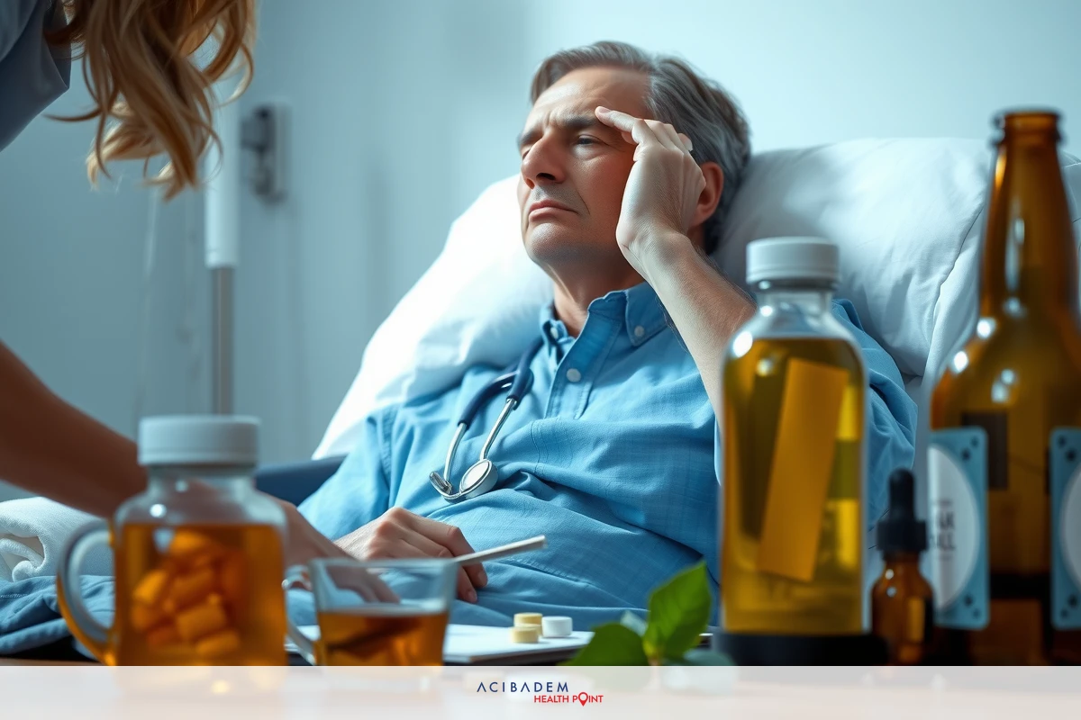 The image depicts a hospital room scene. There is an older man lying on a hospital bed, wearing blue pajamas, and he appears to be undergoing some medical treatment or experiencing discomfort. A woman, likely a healthcare professional, stands beside him.