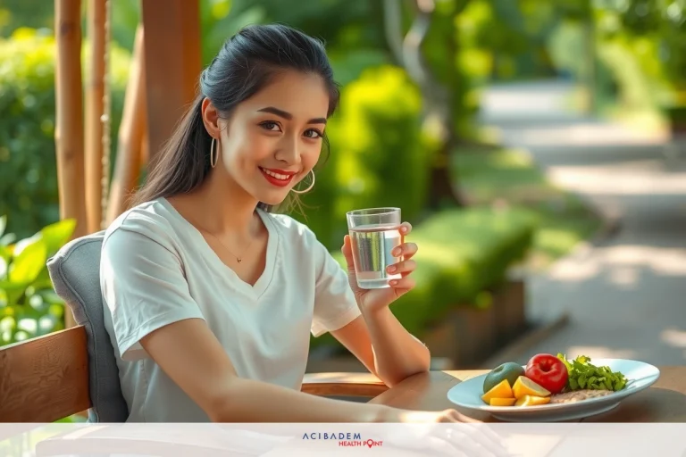How to Poop After Rhinoplasty Woman sitting at a table with a plate of food and a glass of water, smiling towards the camera. Outdoor setting during the day, featuring greenery in the background.