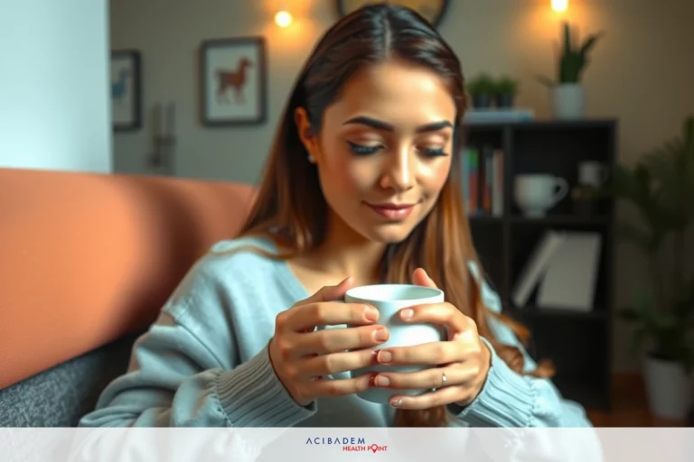 A woman sitting comfortably on a couch with a cup of tea. She has long dark hair and is wearing a gray sweater. Her expression is calm and content as she enjoys her beverage.