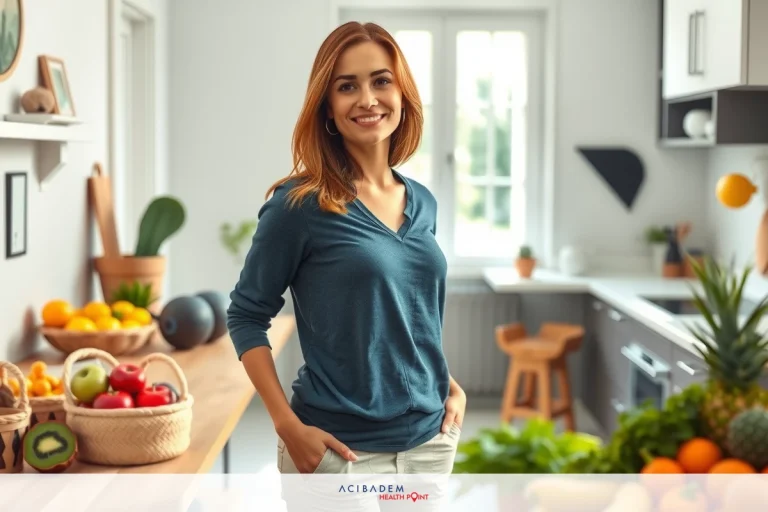 A woman in a kitchen with various fruits and vegetables displayed on the counter. The environment suggests a healthy lifestyle or cooking theme.