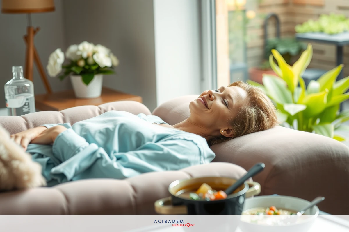 The image shows a woman lying in a pink armchair, facing the viewer with her eyes closed. She appears relaxed and content. In front of her are two bowls of food on a table or a small surface, suggesting she might be enjoying a meal while lounging.