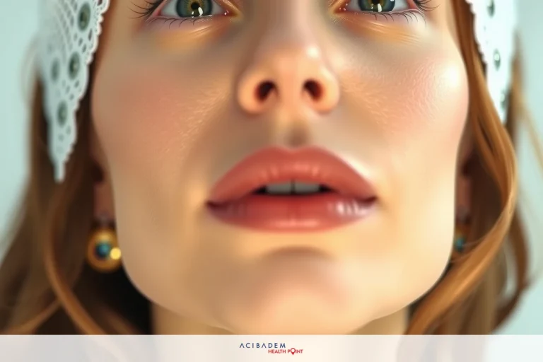 The image features a close-up of a woman's face, with the focus on her lips and chin. The woman has light skin, red lipstick, and her mouth is slightly open.