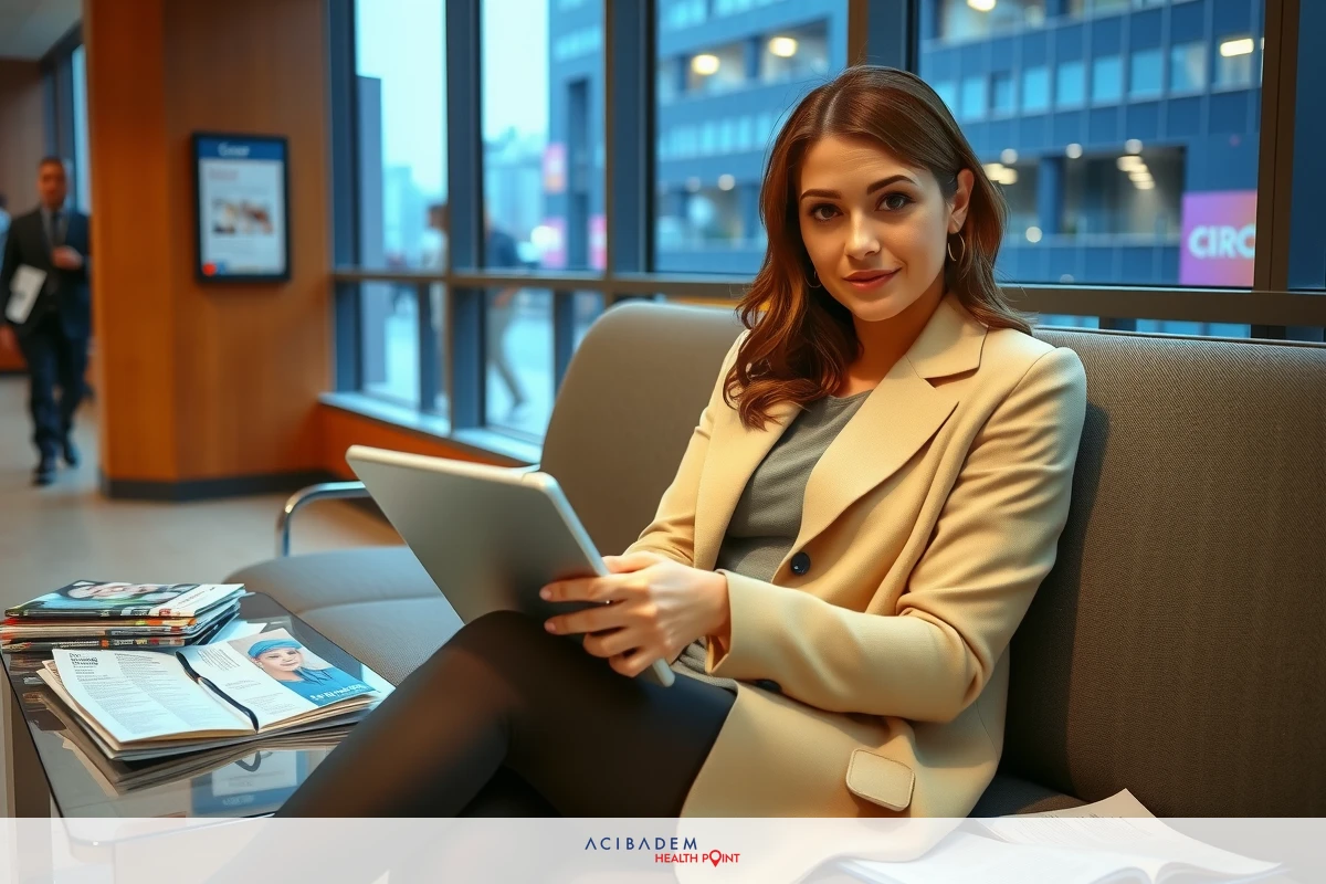 The image depicts a woman sitting comfortably in an office environment. She is wearing professional attire and appears to be engaged with her work on a tablet device.
