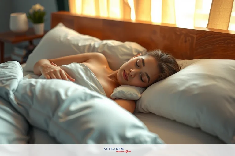 The image shows a woman lying in bed with her eyes closed. She appears to be asleep or relaxed, and there is a sense of tranquility conveyed by the peaceful expression on her face. The bedding includes white pillows, and the room has soft lighting that suggests it might be evening or afternoon.