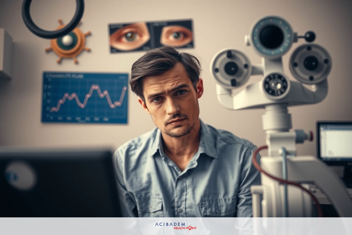 A young man is seated in front of a medical examination setup. He appears focused on the digital display screen before him, likely reviewing medical data or monitoring test results. The environment suggests an advanced medical or research facility with equipment for various tests and observations.