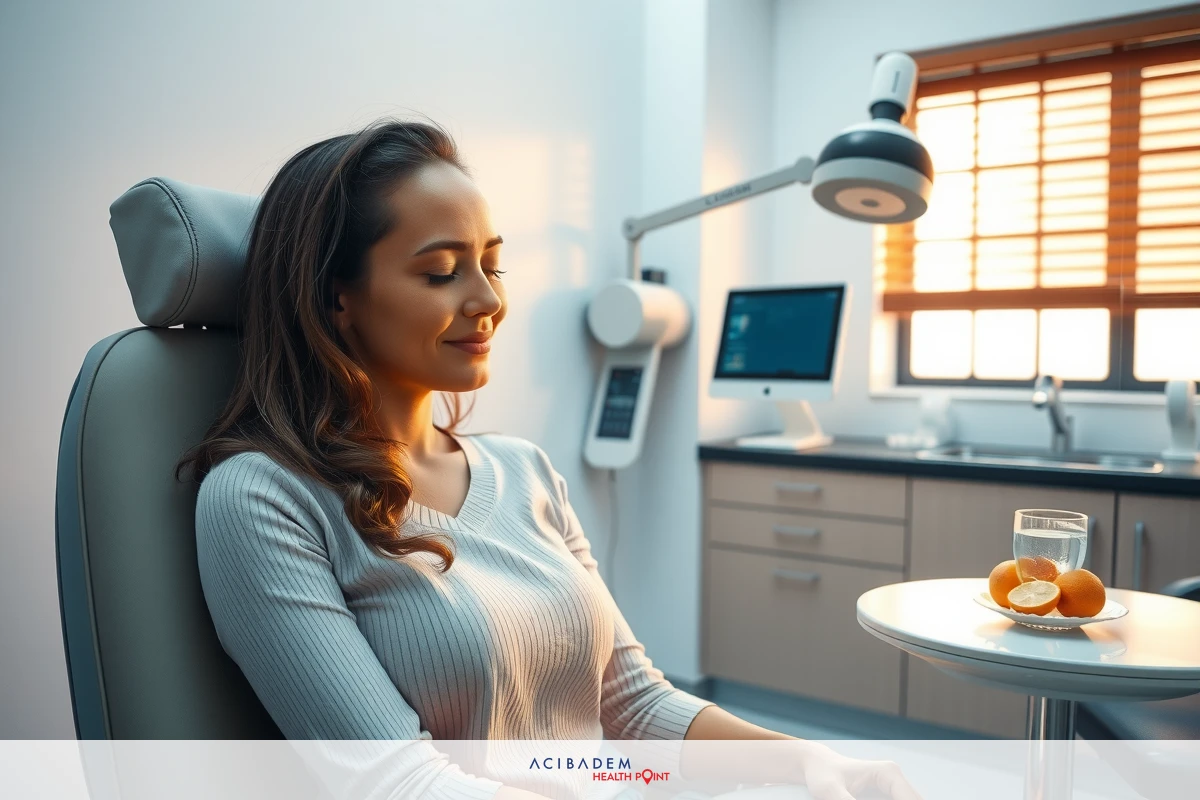 The image features a woman sitting in a medical chair. She is wearing a white top and looking ahead with a calm expression.