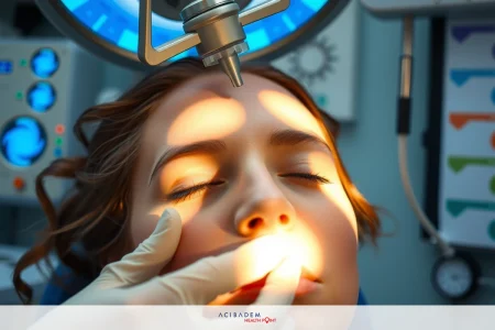 The image depicts a eye examination in progress. A patient is seated in a medical chair, facing away from the camera. There are various medical instruments visible around them.
