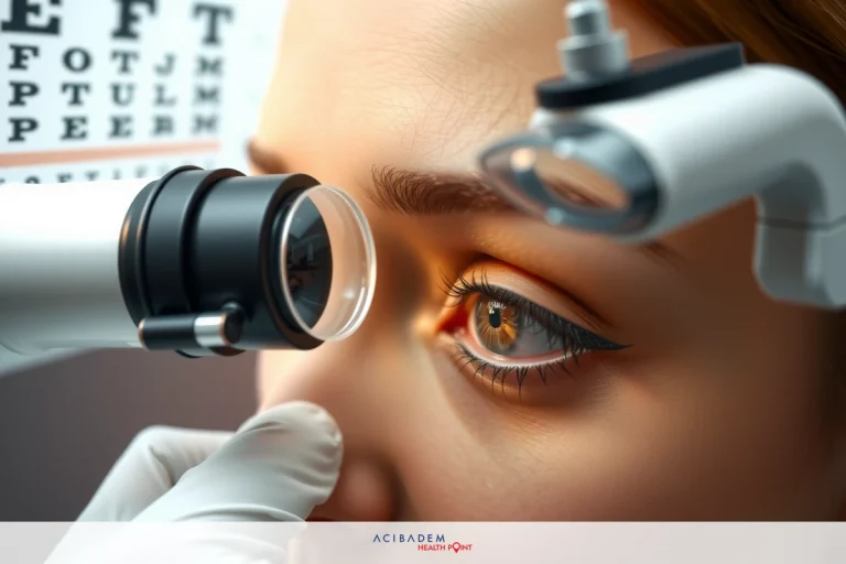 A woman getting her eyes examined with a slit lamp. The image focuses on the close-up of an eye through the slit lamp, showcasing the optic and healthcare aspects.