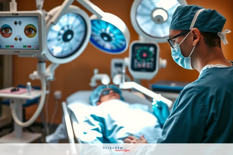 The image depicts a hospital operating room. Two medical professionals, likely doctors or surgeons due to their attire, are present in the room. The patient is an adult lying down on a surgical table with medical equipment around them, indicating that they are undergoing some form of surgical procedure.
