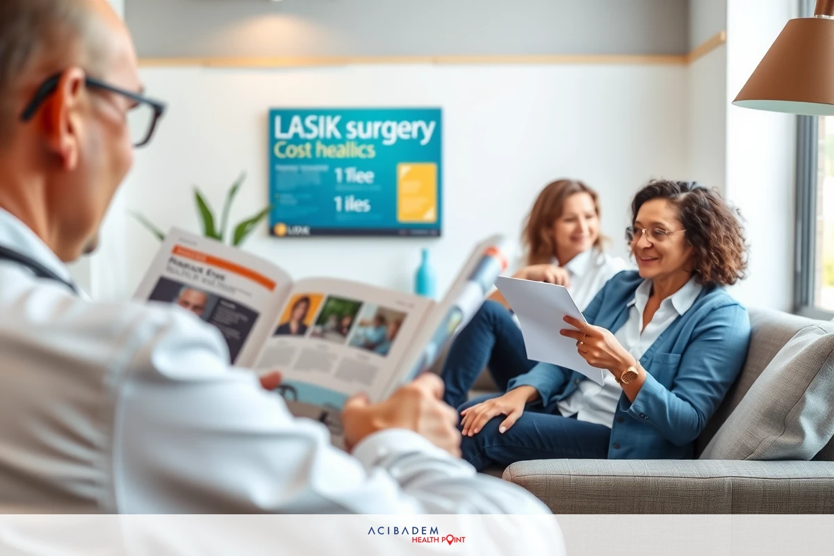An office setting with a man in glasses reading a document while sitting and two women having a conversation. They are dressed professionally, likely in the context of a business meeting or consultation.