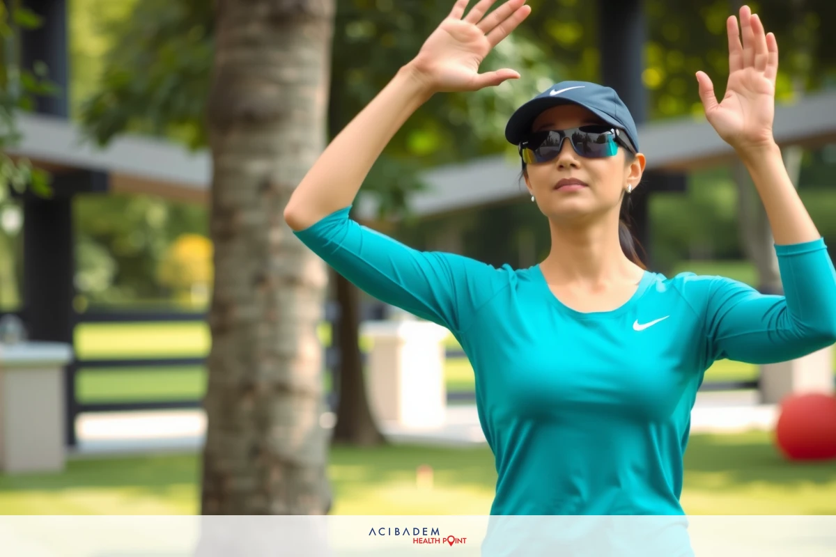 A woman in an outdoor park, wearing a blue athletic top and white shorts. She has her arms raised and is looking to the side while standing on grassy area with trees around.