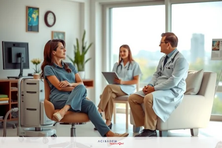 Three healthcare professionals in a modern medical office setting. They are engaged in a conversation, possibly reviewing patient information or discussing treatment plans.