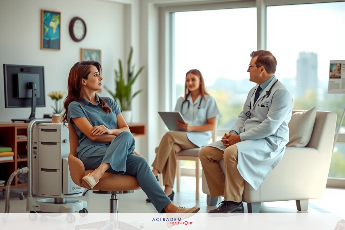 Three healthcare professionals in a modern medical office setting. They are engaged in a conversation, possibly reviewing patient information or discussing treatment plans.