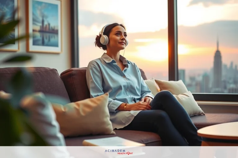 A woman sitting on a couch with her feet up, wearing headphones and smiling. She is in front of a large window with the city skyline outside at sunset.