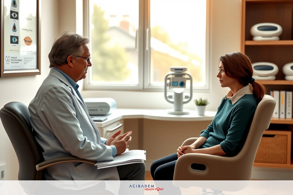 An elderly man in a white coat, presumably a dentist or doctor, is seated on the right side of an examination room. A woman in a light blue shirt sits across from him, seemingly engaged in a conversation that involves medical advice or a consultation.