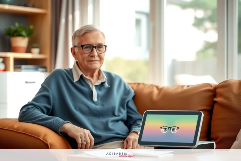 The image shows an elderly man sitting on a couch with his legs crossed, wearing glasses. He appears to be using a tablet computer, which is open in front of him on the coffee table. The room has soft lighting and a comfortable home setting. The man is dressed casually in a long-sleeve shirt.