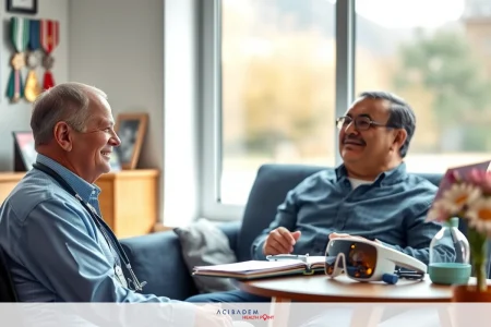 The image shows two men sitting in a room with a window. The man on the left appears to be older, wearing glasses and has grey hair. He is wearing a light shirt. The other man is younger, dressed casually in jeans and a darker shirt. They are engaged in what seems like an informal conversation with papers on a table nearby. There's a coffee cup on the table as well. The room has a comfortable ambiance with natural light coming through the window.