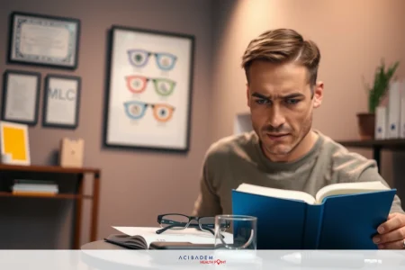 A man reading a book at his desk in an office setting. He appears to be focused on the content of the book, which is open and centered on the table. The office has modern decor with framed pictures on the wall.