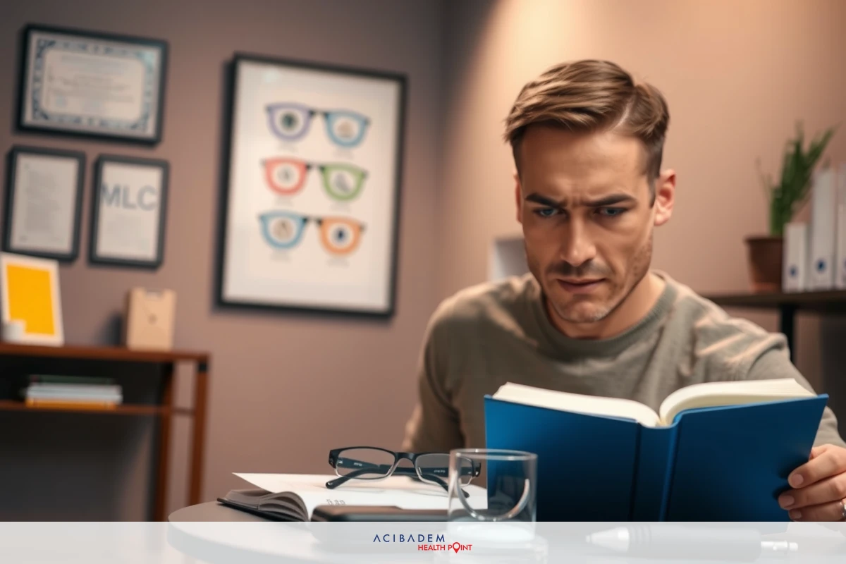 A man reading a book at his desk in an office setting. He appears to be focused on the content of the book, which is open and centered on the table. The office has modern decor with framed pictures on the wall.