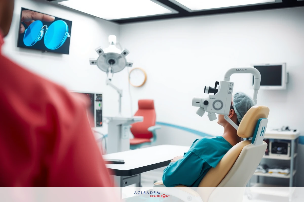 The image depicts an optometry office with a patient seated in a chair wearing protective eyewear. A healthcare professional is standing behind the chair, looking at a screen displaying medical images. The environment includes examination equipment.