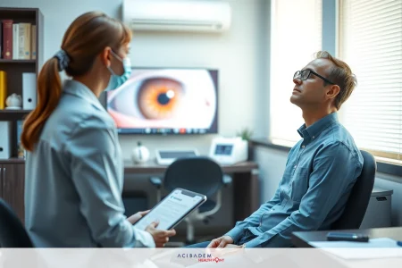 The image depicts a professional office setting. A man is seated in front of a woman who appears to be examining his eyes, possibly conducting an eye examination. The woman has her hand on the man's head while looking through an ophthalmoscope. She is dressed in medical attire and holds a clipboard with papers on it. The office environment includes modern furniture such as chairs and a desk, suggesting a contemporary clinical or healthcare setting.