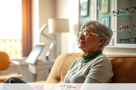 Elderly woman sitting on a couch, wearing glasses and a sweater. She is looking directly ahead with her arms crossed on her lap. The room appears to be a modern living space, possibly a waiting area or an office, as suggested by the presence of a desk with tech equipment and framed images.