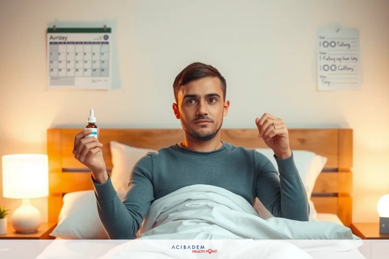 Man lying in bed, holding a blue pill bottle. The room is dimly lit, and the man appears to be asleep or resting.