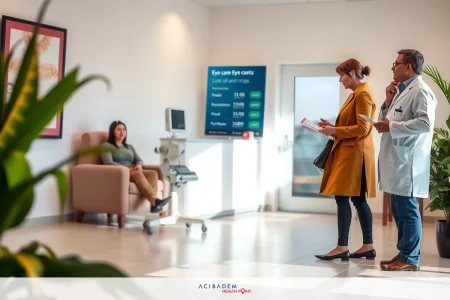 Two medical professionals conversing in an office environment. A woman wears a blue dress and the man, presumably the doctor, is wearing professional attire including a white coat.