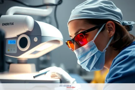 Medical professional in surgical gear examining a patient under the light of an operating room lamp. The subject is wearing sunglasses and a face mask, indicating high sterility standards.