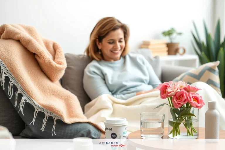 A woman is sitting comfortably on a couch, wrapped in blankets with a warm smile. Her relaxed posture suggests she's feeling content and cozy at home.