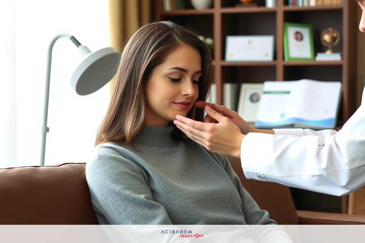 A woman sitting on a couch with her eyes closed, smiling. A professional is applying lotion or cream to the her face.