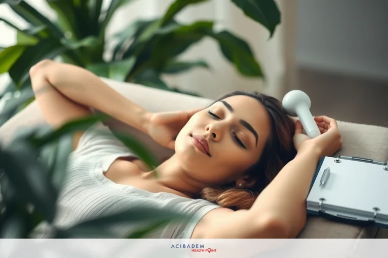 The image shows a young woman in a relaxed pose, possibly asleep or resting. She is lying down on her side with one hand placed under her cheek, suggesting comfort and contentment. The room has modern decor with a potted plant visible in the background.