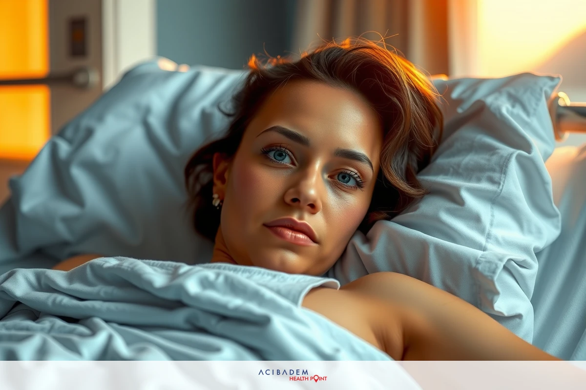 This image depicts a woman lying in bed with her eyes closed and a serene expression. She is wearing makeup and has her hair styled.