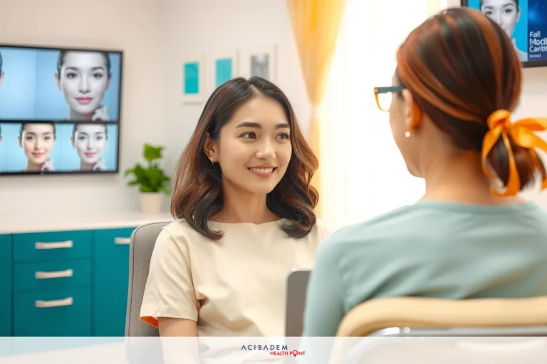 How Much is Non Invasive Rhinoplasty Two women seated, engaged in conversation. One appears to be a patient or customer at a clinic, with the other being an attendant or consultant, focused on her face as if analyzing her nose.