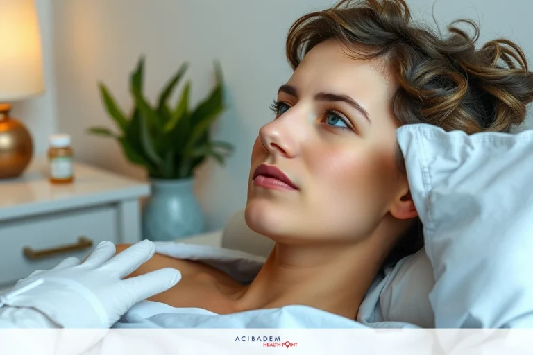 How to See If My Nose is Swallen After Rhinoplasty A woman lying in a hospital bed, looking towards the camera. She appears to be receiving medical attention or care. The room has a clean and sterile environment with white sheets. There is a potted plant on a table nearby.