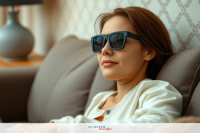 Woman sitting on couch wearing sunglasses, smiling at camera. She is casually dressed and holding a tablet. The room has a neutral color palette with light walls and modern decor.