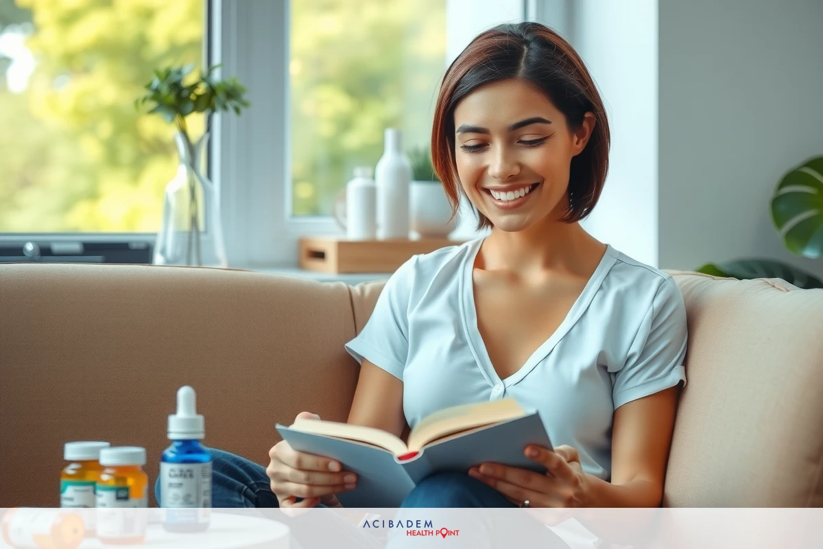The image shows a woman sitting on a couch in her home, holding and reading a book. She is dressed casually and appears to be enjoying the content of the book. On the table next to her are various bottles, which could suggest that she has recently taken medication or perhaps these are supplements. The overall setting is relaxed and comfortable, indicating a personal space where leisurely activities such as reading take place.
