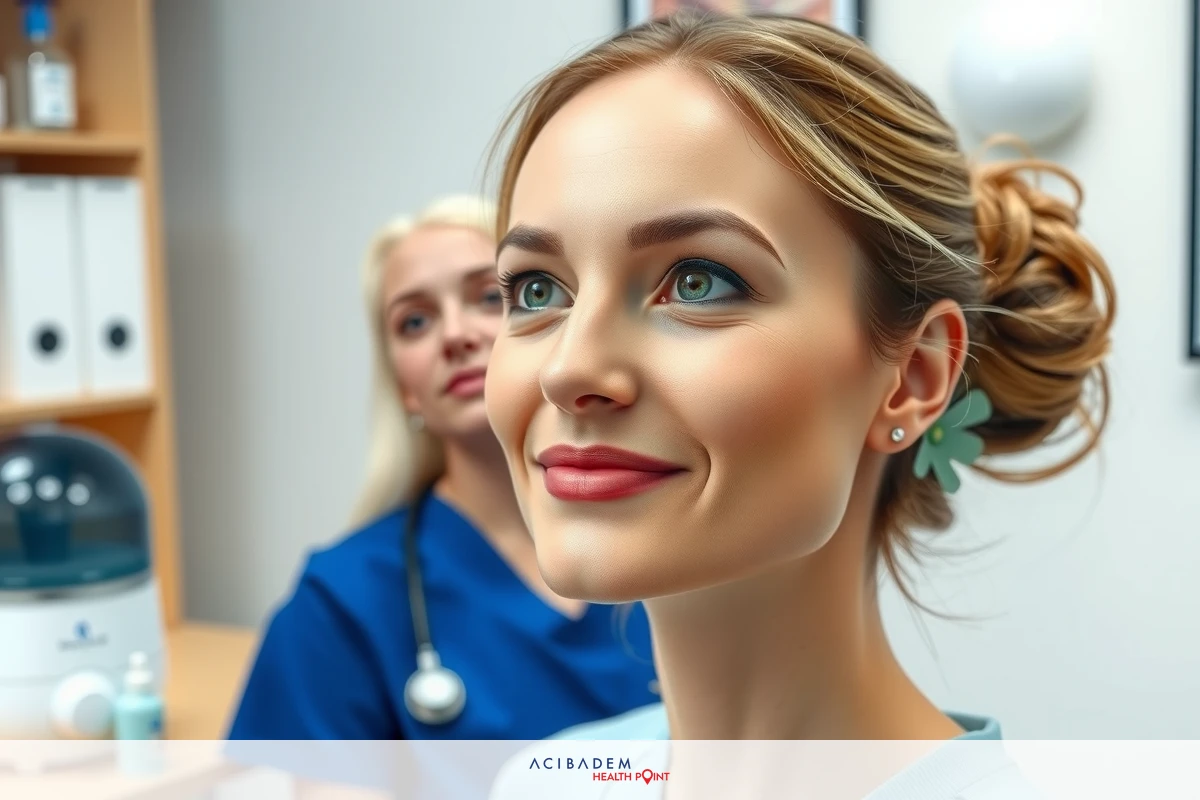 The image shows a woman in a medical setting, looking up towards the camera with a smile. She appears to be receiving healthcare services from a medical professional who is standing behind her.