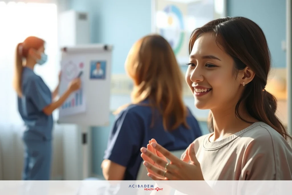 The image shows a young woman in a light-filled room, smiling and gesturing with her hands as if explaining something. She is surrounded by medical professionals who appear to be listening intently.