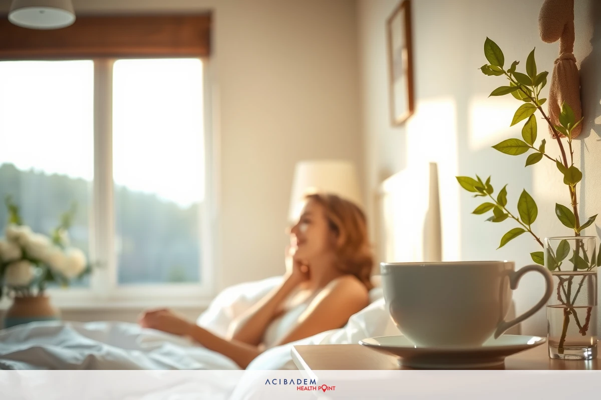 The image depicts a tranquil indoor setting, possibly a bedroom. A woman is seated in bed with her feet up against the headboard.
