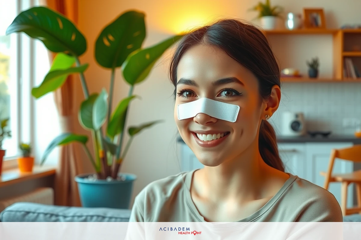 A woman seated on a couch, smiling at the camera. She has black hair and is wearing a light-colored shirt. There are potted plants in the background and a room with modern decor.
