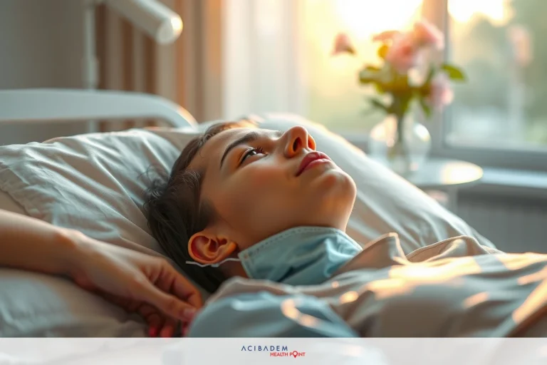 A woman comforts another by placing her hand on her head in a hospital setting. Both are in bed with white sheets and pillows. A window with sunlight streaming through allows for a warm, serene atmosphere.