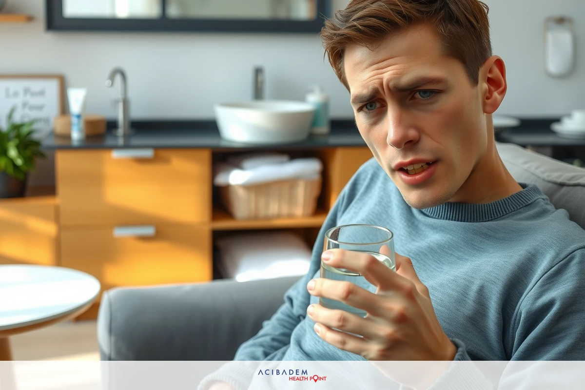 A young man with short hair seated indoors, wearing a light gray sweater. He holds a glass of water in his hand and appears to be in casual conversation or waiting for something.