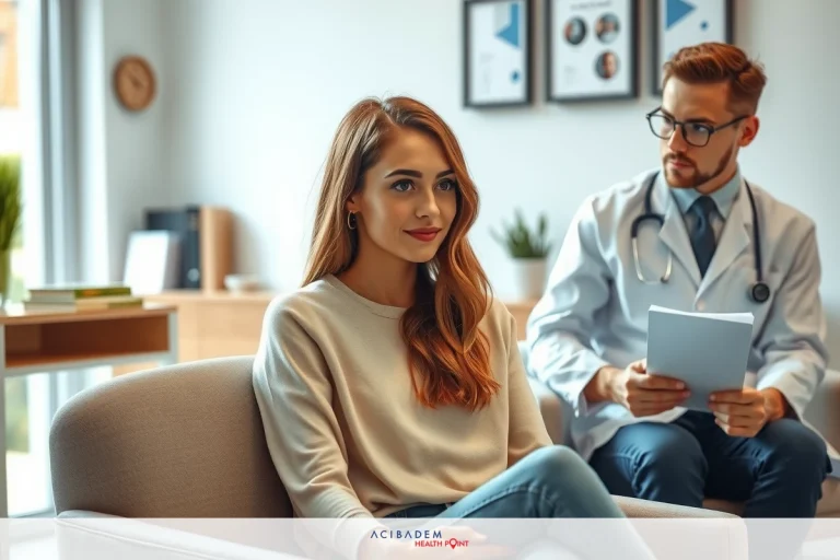 A doctor in a white lab coat is seen examining a young woman in a waiting room. The woman is seated on a couch, smiling at the doctor as he looks over her medical record on a tablet. The room has a modern and clean design with framed pictures on the wall.
