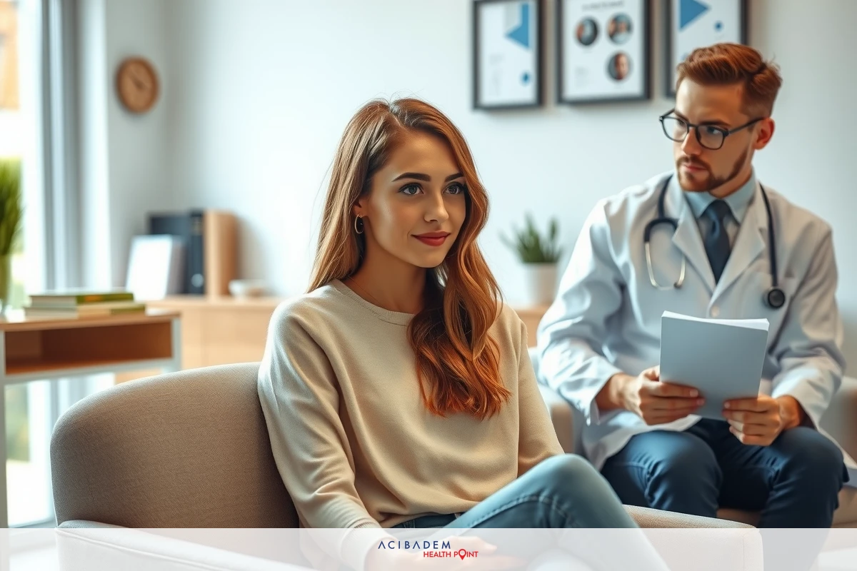 A doctor in a white lab coat is seen examining a young woman in a waiting room. The woman is seated on a couch, smiling at the doctor as he looks over her medical record on a tablet. The room has a modern and clean design with framed pictures on the wall.